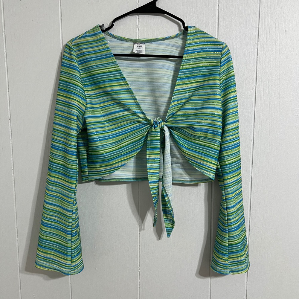 Vintage 90s No Boundaries M Tie Front Crop Top Long Sleeve Striped Sparkle Y2K - Picture 1 of 7